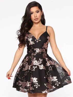 Fashion Nova Farrah Fit And Flare Mini Dress - Black/Rose Gold